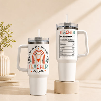 Personalized Teacher Tumbler with Handle - Custom Teacher Name Gift - Rainbow School Travel Cup with Straw - Appreciation Gift for Teachers