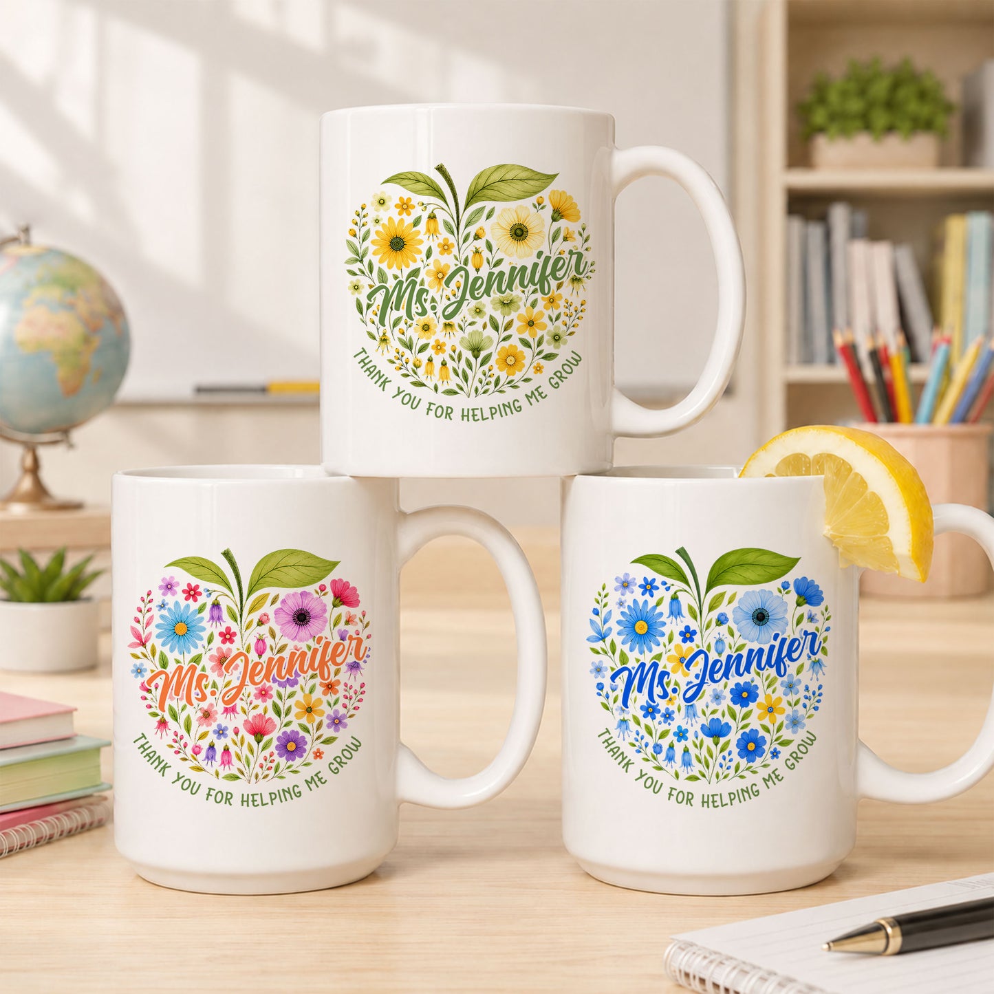 Floral Apple Teacher Mug - Helping Little Minds Grow - Personalized Teacher Ceramic Cup - Back To School Gift for Teachers