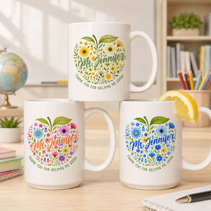Floral Apple Teacher Mug - Helping Little Minds Grow - Personalized Teacher Ceramic Cup - Back To School Gift for Teachers