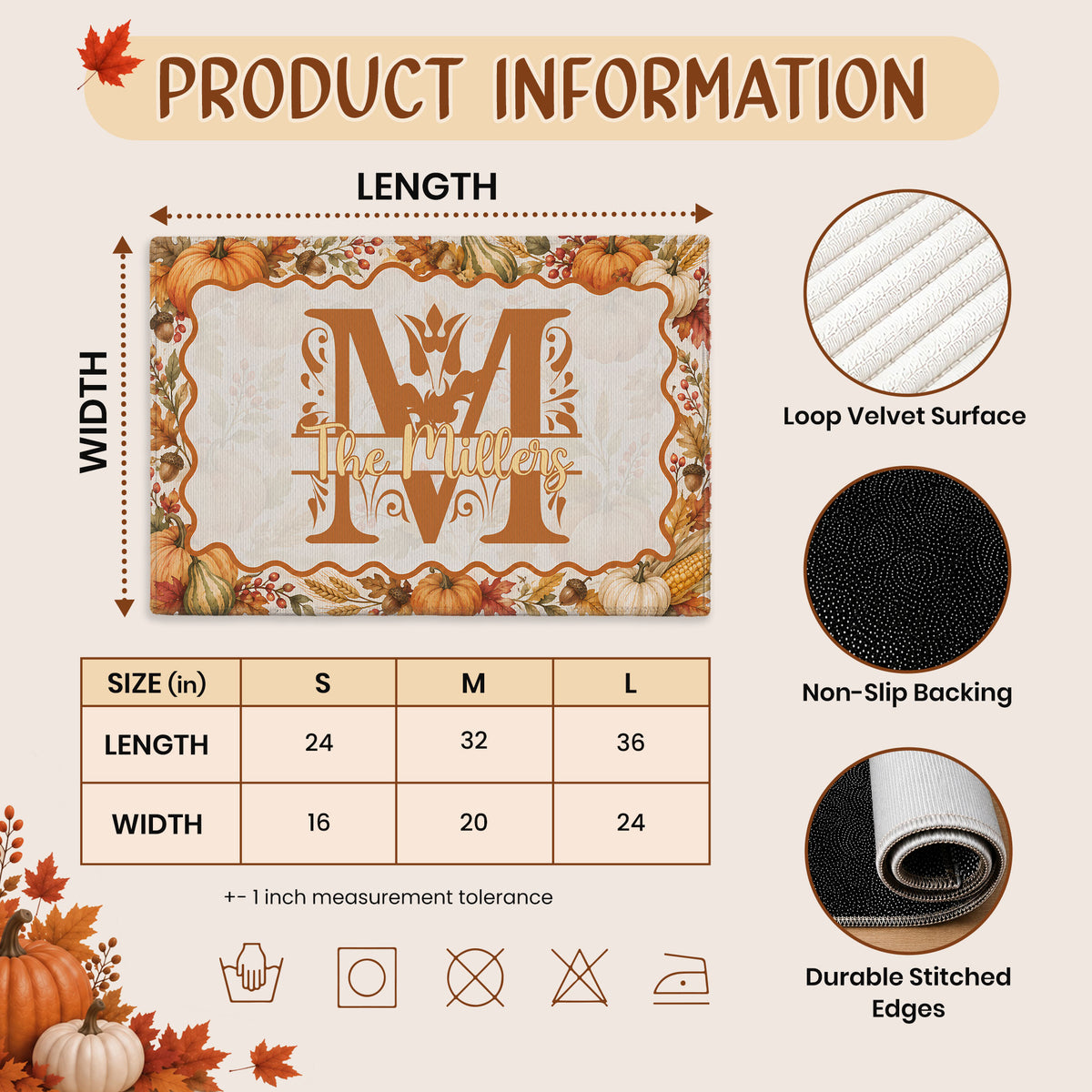 Personalized Thanksgiving Doormat - Custom Family Name Monogram Door Mat - Fall Harvest Pumpkin Home Decor