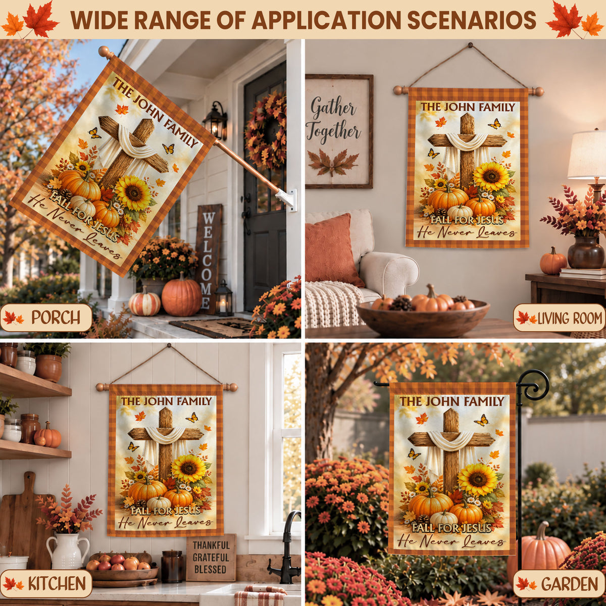 Personalized Thanksgiving Garden Flag - Fall for Jesus He Never Leaves - Custom Family Name Yard Decor