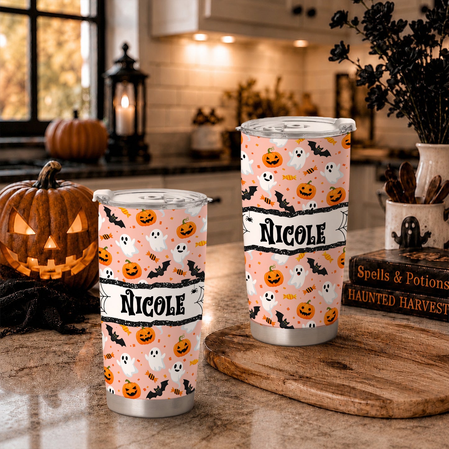 Personalized Halloween Tumbler with Name - Cute Halloween Pattern Tumbler, 20oz Insulated Travel Cup - Custom Fall Gift