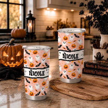 Personalized Halloween Tumbler with Name - Cute Halloween Pattern Tumbler, 20oz Insulated Travel Cup - Custom Fall Gift