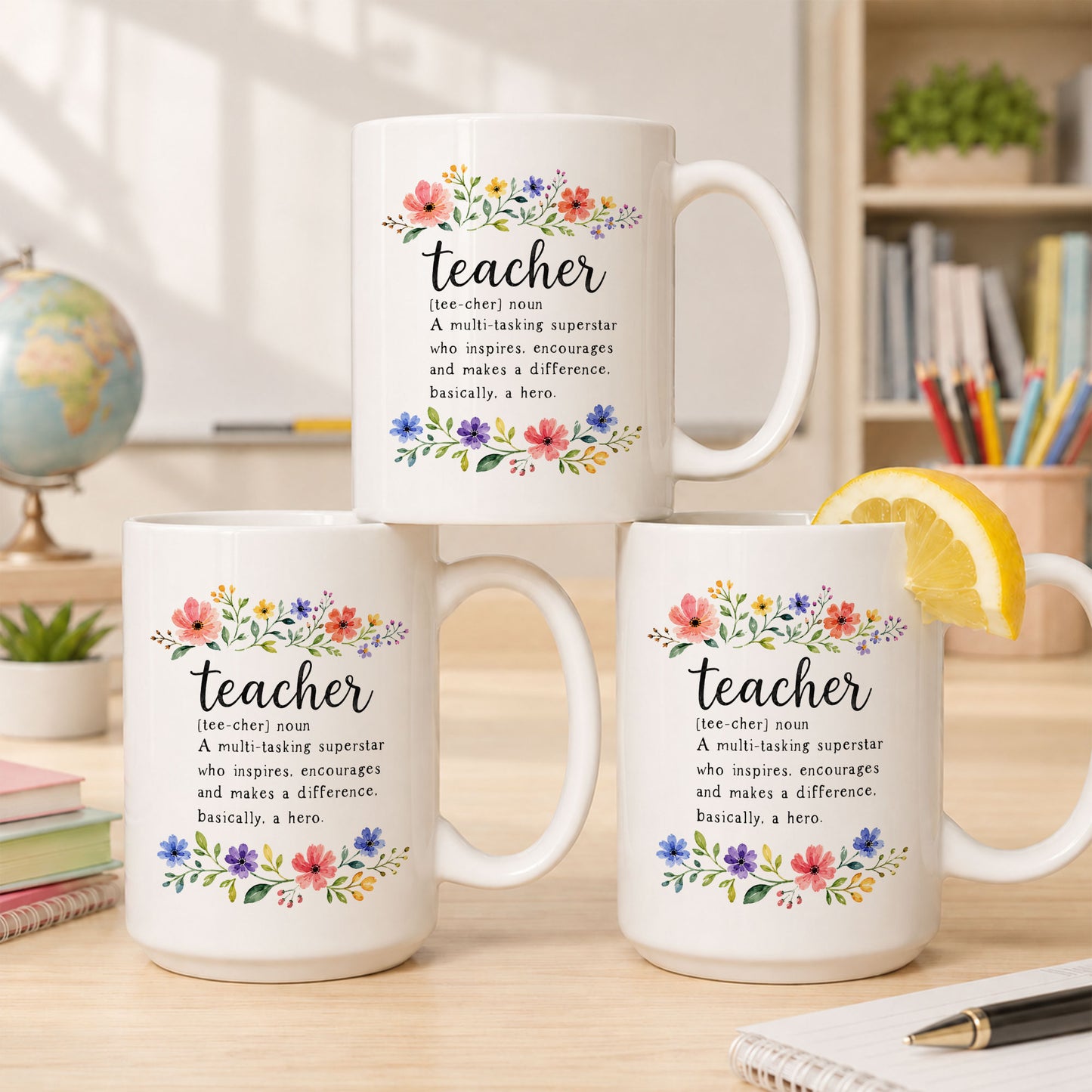Floral Teacher Mug - Custom Teacher Name Ceramic Cup, Teacher Appreciation Gift