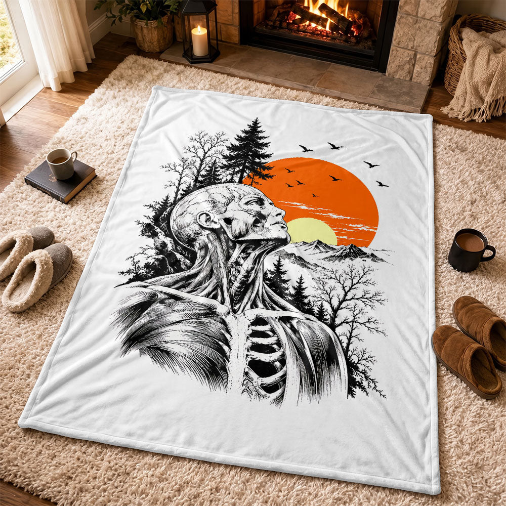 Anatomical Skeleton Blanket, Vintage Sunset Mountain Fleece & Sherpa  Blanket, Gothic Nature Gift for Men Women