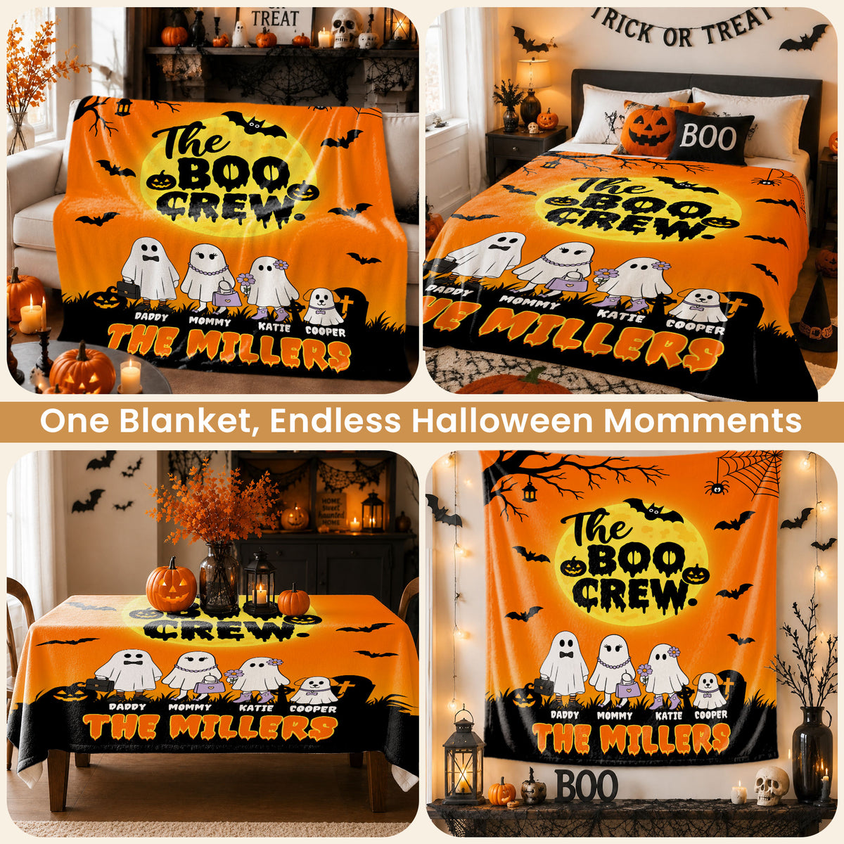 Personalized Halloween Blanket for Family - Custom Name Boo Crew Throw Blanket - Ghost Family Pumpkin Blanket - Spooky Halloween Home Decor - Family Gift