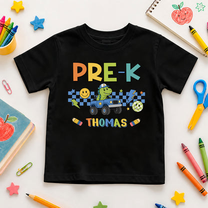 Personalized Dinosaur School Shirt - Custom Name & Grade Kids T-Shirt - Back To School Gift for Boys