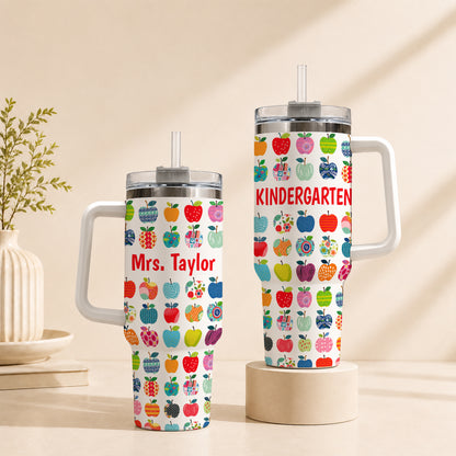Apple Teacher Tumbler with Handle – Custom Teacher Name & Grade To Go Cup - Back To School Gift for Teachers