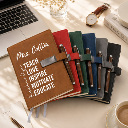 Teach Love Inspire Motivate Educate Teacher Journal Gift Set - Custom Name Leather Notebook with Pen - Teacher Appreciation Gift