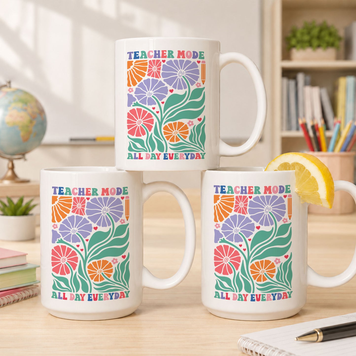 Boho Floral Teacher Mug - Teacher Mode All Day Everyday - Custom Teacher Name Coffee Mug - Appreciation Gift For Teachers