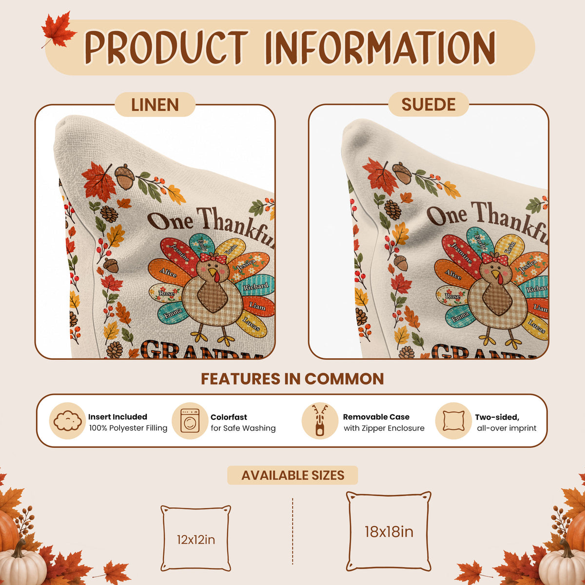 Personalized Thanksgiving Pillow - One Thankful Grandma - Custom Grandma Turkey Throw Pillow -  Thanksgiving Family Gift
