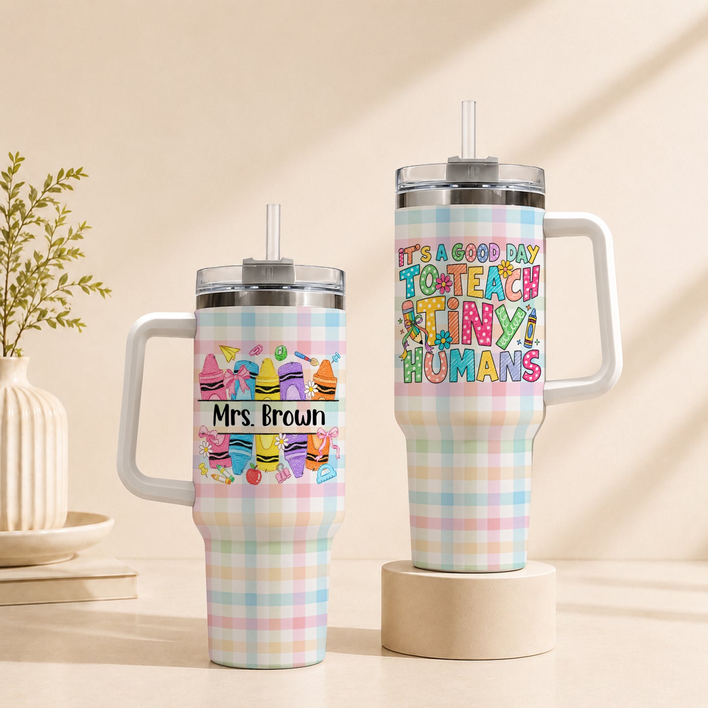 Colorful Teacher Tumbler with Handle - It's a Good Day to Teach Tiny Humans - Personalized Teacher Stainless Steel Tumbler - Back To School Gift for Teachers