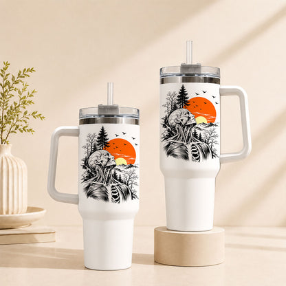Anatomical Skeleton Sunset Tumbler 40oz with Handle and Straw, Vintage Mountain Gothic Gift for Men Women