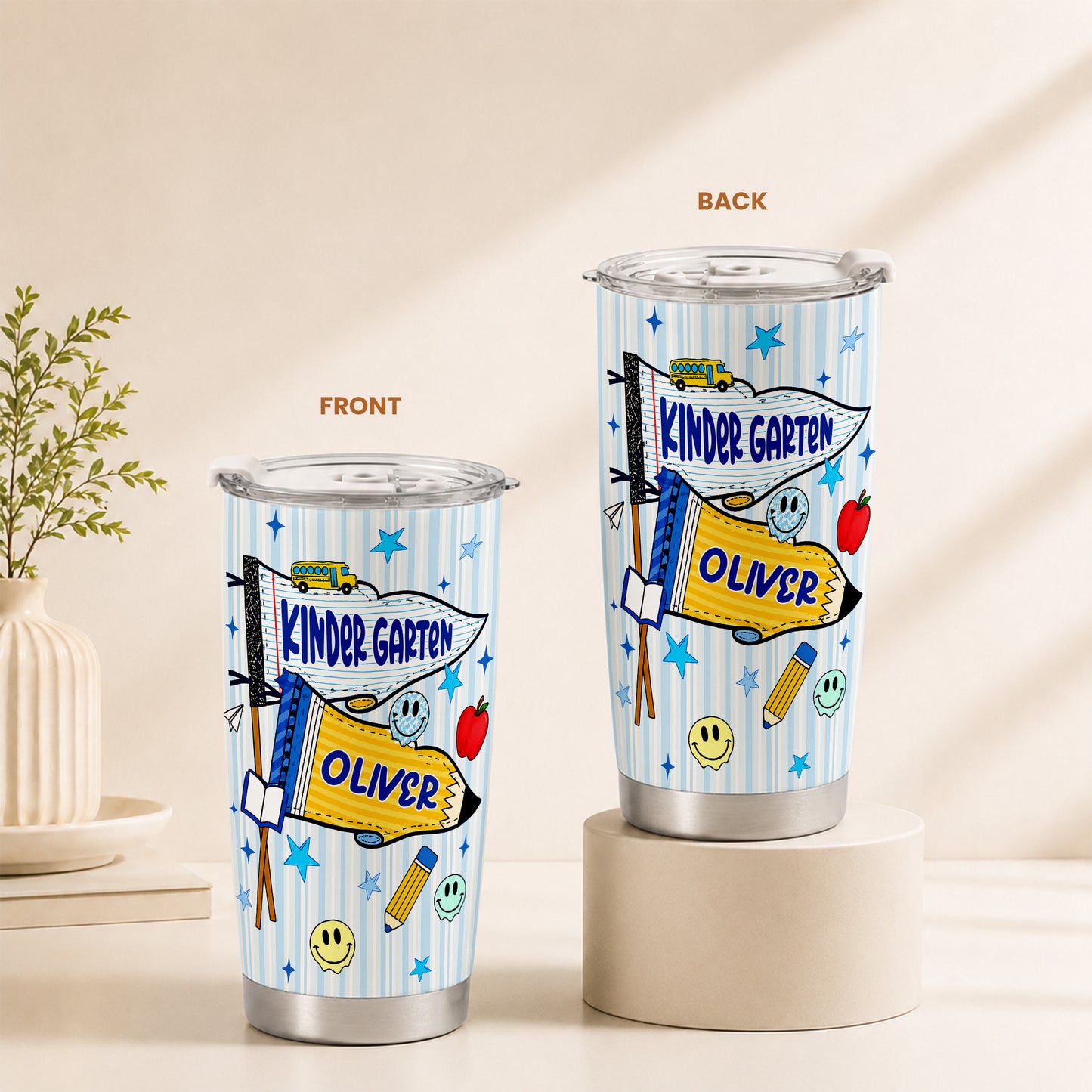 Personalized Back to School Tumbler - Custom Name & Class for Teachers and Students, Striped Blue 20oz Travel Cup