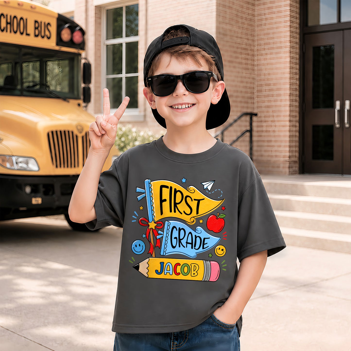 Personalized Back To School Shirt - Colorful Pennant Custom Grade & Name Kids T-Shirt - First Day of School Gift for Boys & Girls