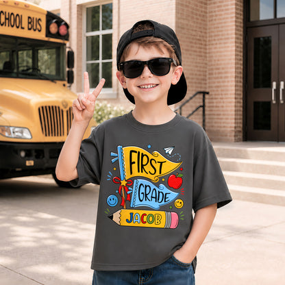 Personalized Back To School Shirt - Colorful Pennant Custom Grade & Name Kids T-Shirt - First Day of School Gift for Boys & Girls