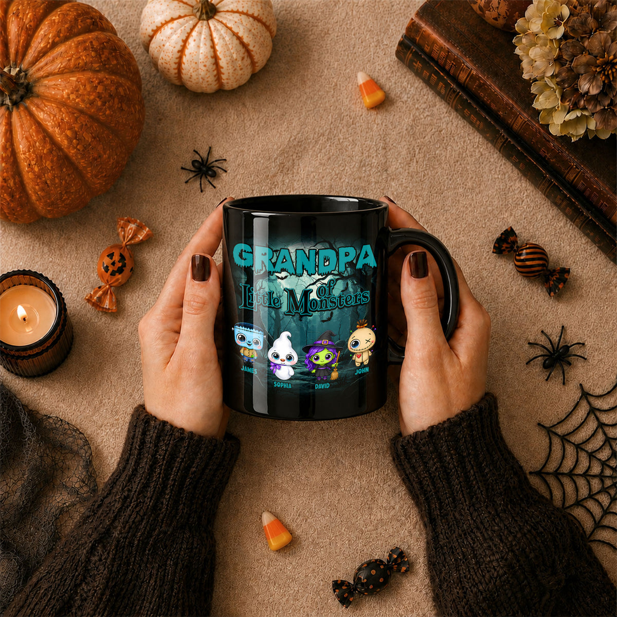 Personalized Halloween Black Mug - Grandpa of Little Monsters Mug - Cute Grandparents, Parents Coffee Cup, Halloween Family Gift