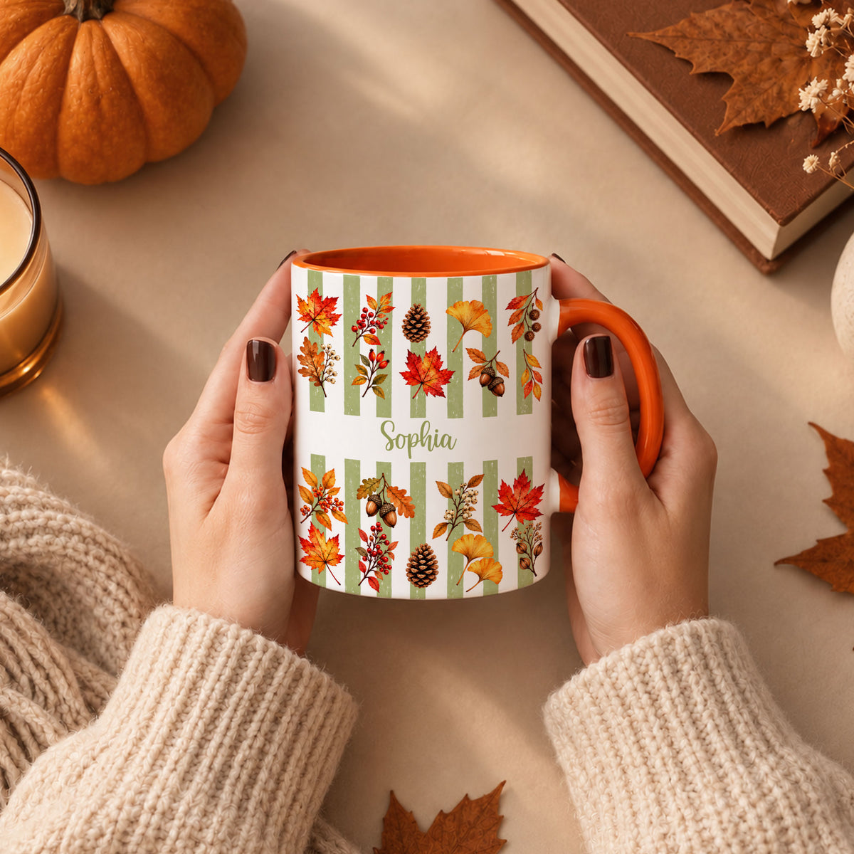 Personalized Fall Mug with Name - Autumn Leaves and Acorns Coffee Cup - Fall Gift for Friends