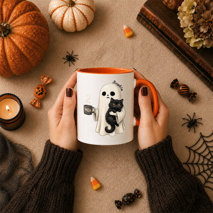 Personalized Halloween Mug, Custom Ghost Cat Coffee Cup, Cute Spooky Mug, Halloween Gift for Cat Lovers