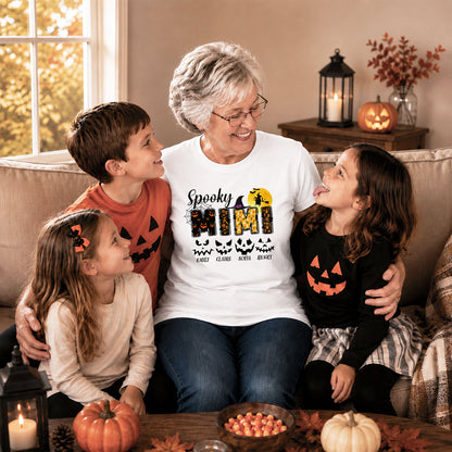 Personalized Halloween Shirt for Grandma & Mom - Custom Name Spooky Pumpkin Face Shirt - Cute Halloween Gift