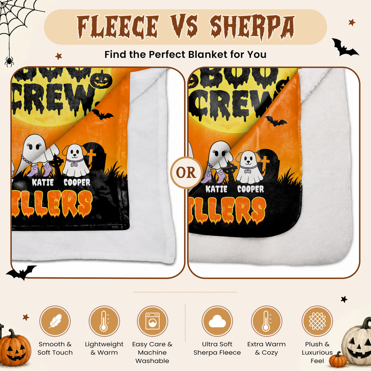 Personalized Halloween Blanket for Family - Custom Name Boo Crew Throw Blanket - Ghost Family Pumpkin Blanket - Spooky Halloween Home Decor - Family Gift