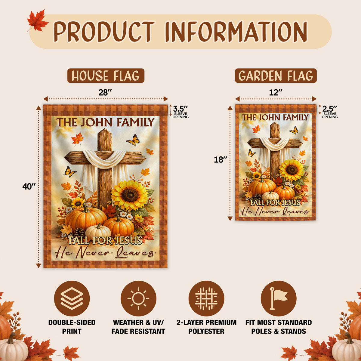 Personalized Thanksgiving Garden Flag - Fall for Jesus He Never Leaves - Custom Family Name Yard Decor