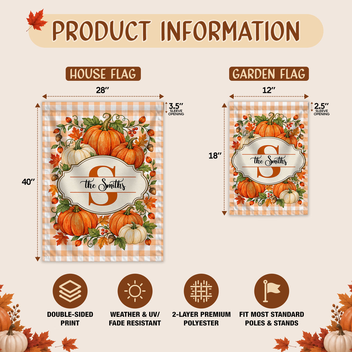 Personalized Thanksgiving Garden Flag - Custom Family Name Monogram Flag - Fall Pumpkin Yard Decor