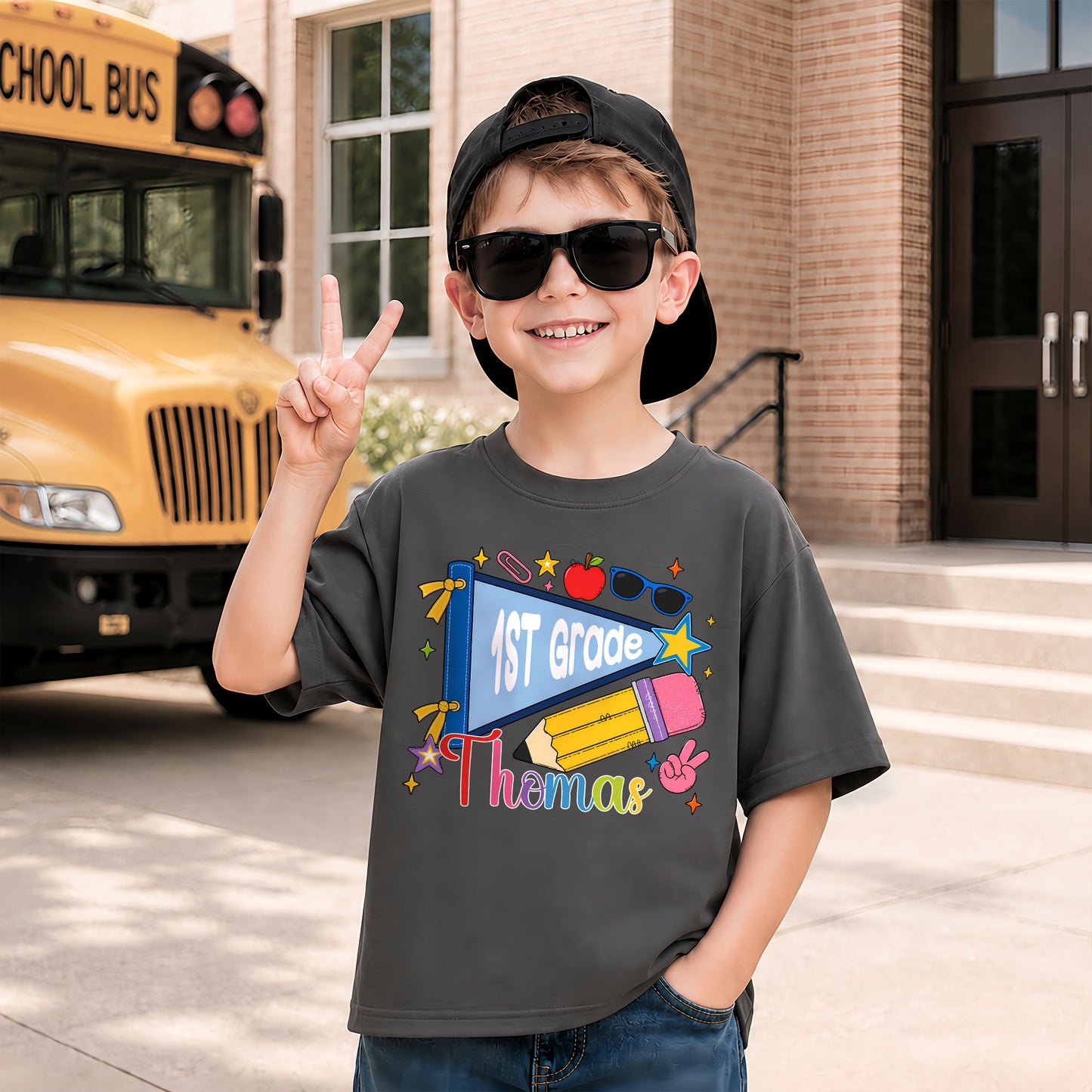 Colorful Pennant Tshirt - Custom Name & Grade Kid T-shirt - Back To School Gift for Boys & Girls