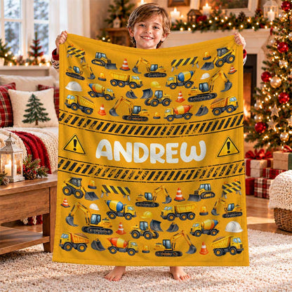 Personalized Constructions Blanket - Custom Kid Name Construction Trucks Blanket - Christmas Birthday Gift for Kids, Sons