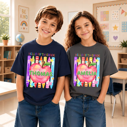 Colorful Apple Crayon Shirt - Custom Name & Grade Kids T-Shirt - First Day of School Outfit for Boys & Girls