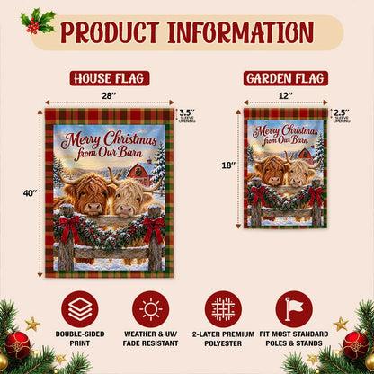 Christmas Garden Flag - Highland Cow Merry Christmas from Our Barn - Farmhouse Decor, Country Christmas Gift