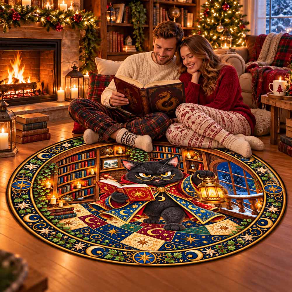 Personalized Round Rug - Fantasy Dragon Cat Dog Owl Reading In Spiral Library Rug - Book Lovers Christmas Gift