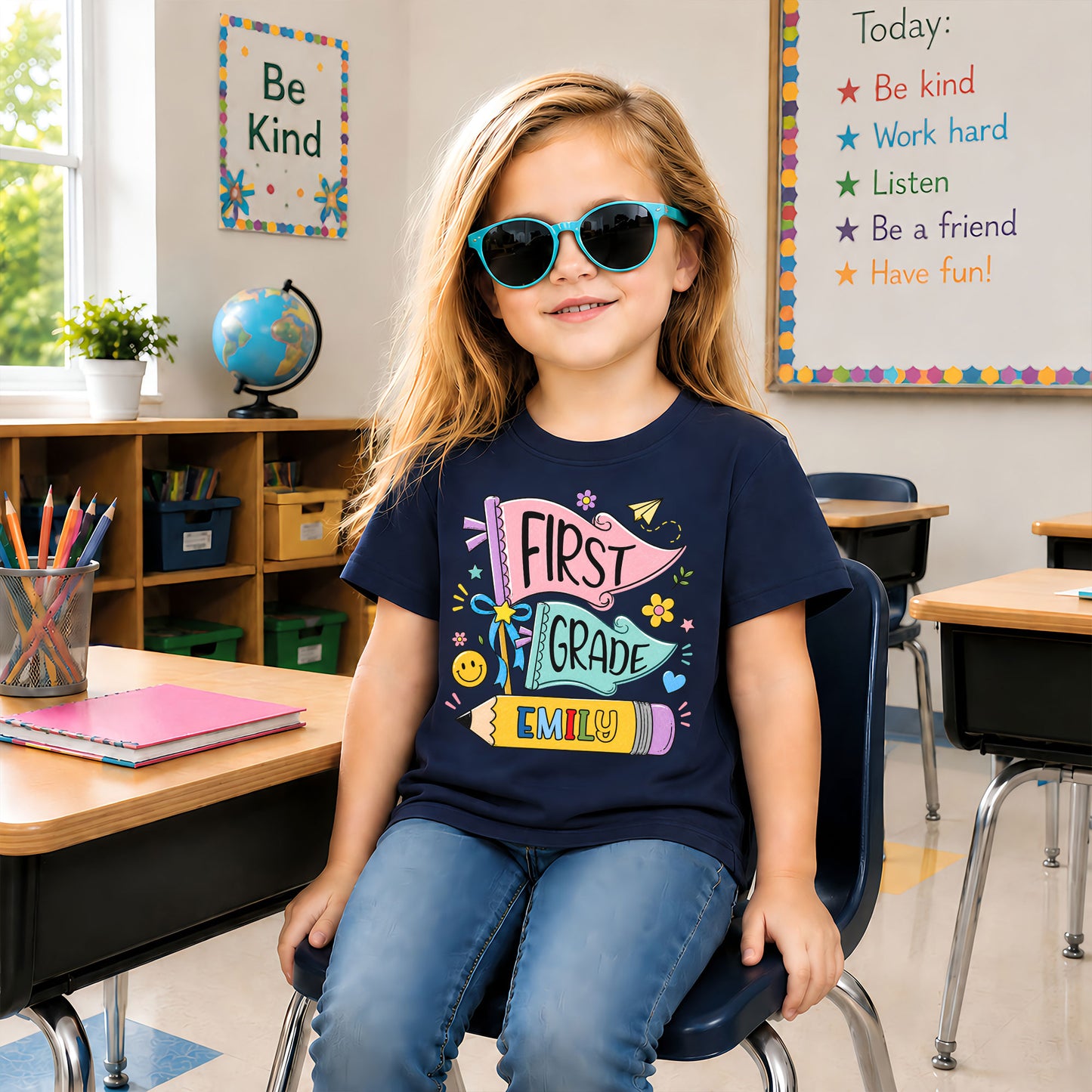 Personalized Back To School Shirt - Colorful Pennant Custom Grade & Name Kids T-Shirt - First Day of School Gift for Boys & Girls