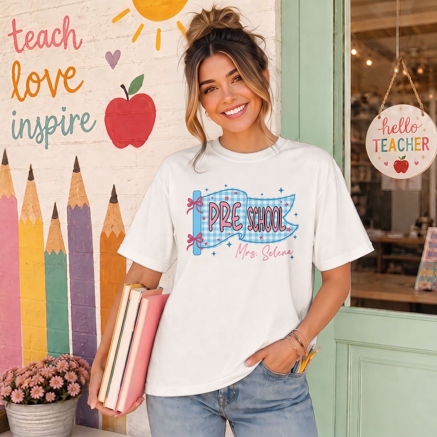 Personalized Pastel Pennant School Shirt – Custom Teacher Name & Teaching Grade - Back To School Outfit for Teachers