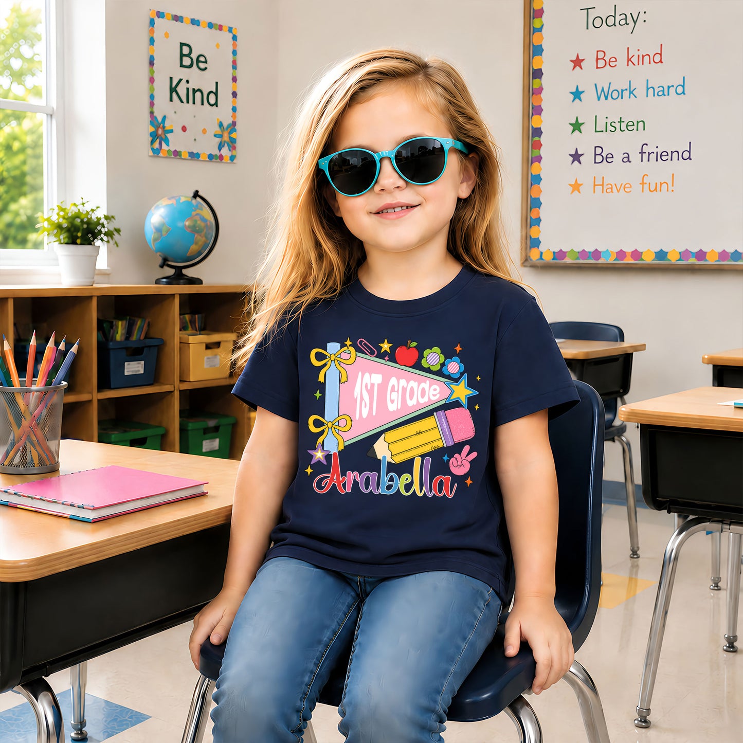 Colorful Pennant Tshirt - Custom Name & Grade Kid T-shirt - Back To School Gift for Boys & Girls