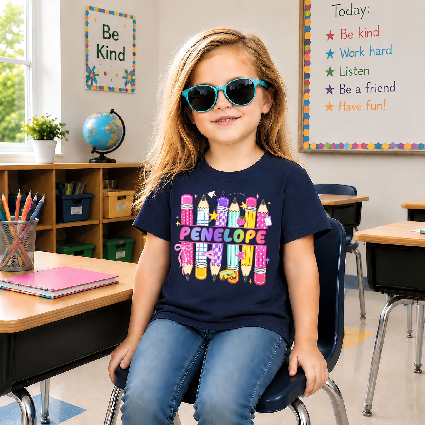 Colorful Pencil School Shirt - Custom Name Kids T-shirt - Back To School Outfit for Boys & Girls