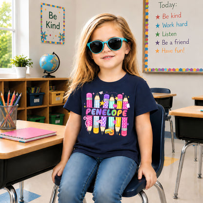 Colorful Pencil School Shirt - Custom Name Kids T-shirt - Back To School Outfit for Boys & Girls