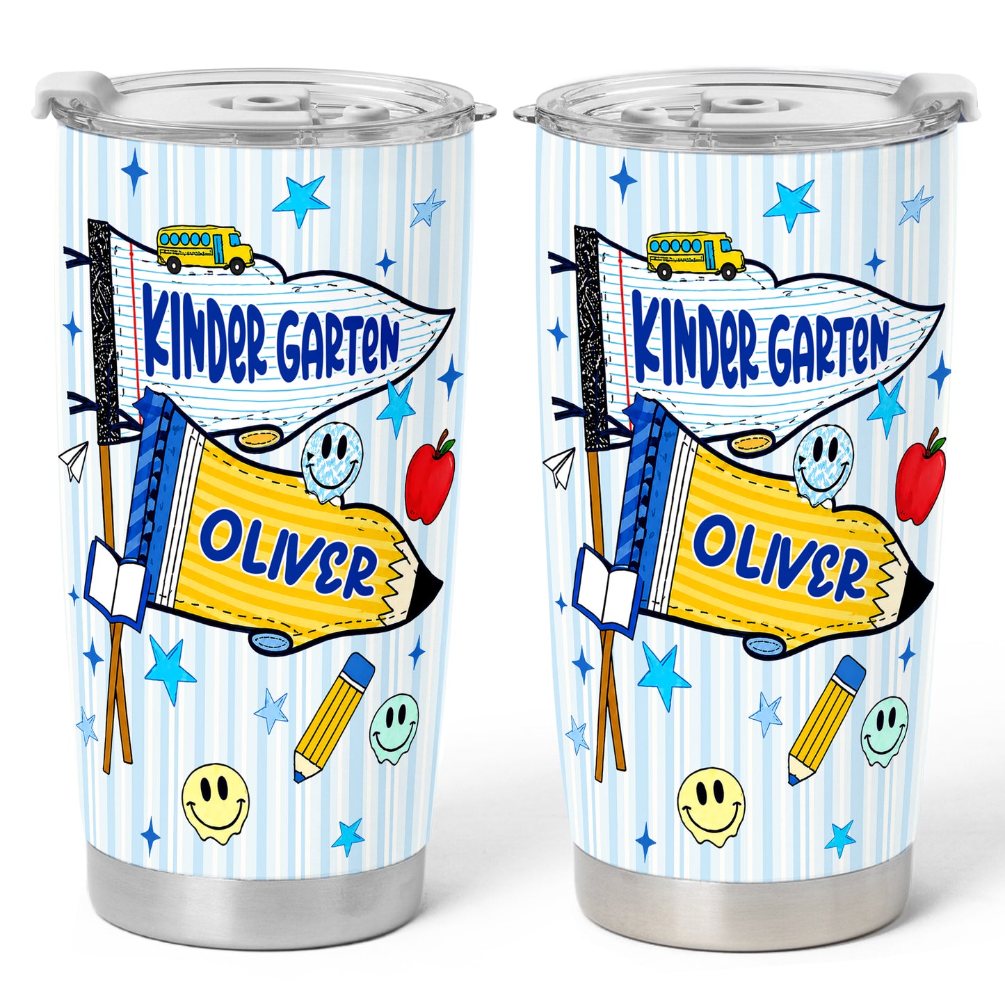 Personalized Back to School Tumbler - Custom Name & Class for Teachers and Students, Striped Blue 20oz Travel Cup