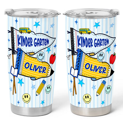 Personalized Back to School Tumbler - Custom Name & Class for Teachers and Students, Striped Blue 20oz Travel Cup