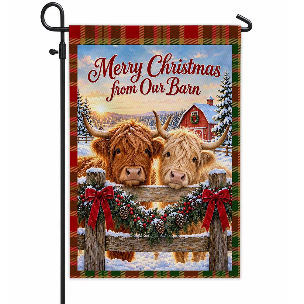 Christmas Garden Flag - Highland Cow Merry Christmas from Our Barn - Farmhouse Decor, Country Christmas Gift