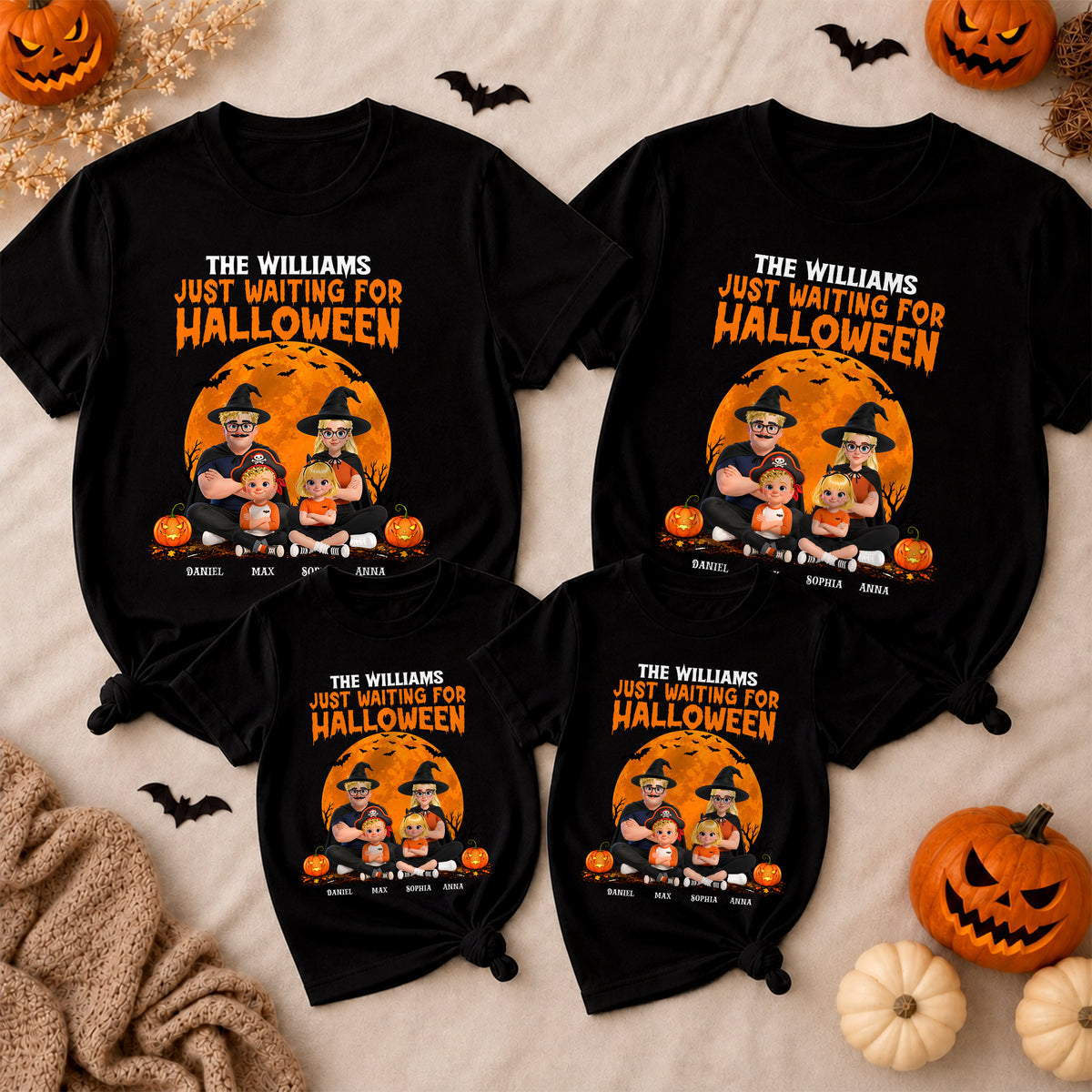 Just Waiting For Halloween - Personalized Halloween Family Shirt Custom Family Characters & Names Matching Halloween Outfit