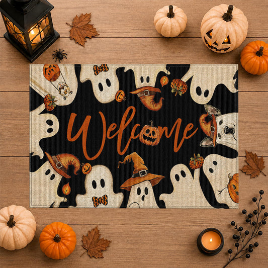 Halloween Door Mat, Spooky Front Door Mat, Skeleton Pumpkin Ghost Doormat, Halloween Gifts for Family