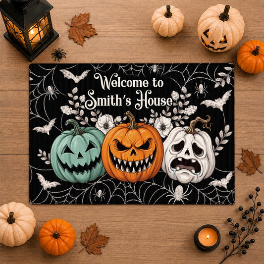 Halloween Door Mat, Spooky Front Door Mat, Skeleton Pumpkin Ghost Doormat, Halloween Gifts for Family
