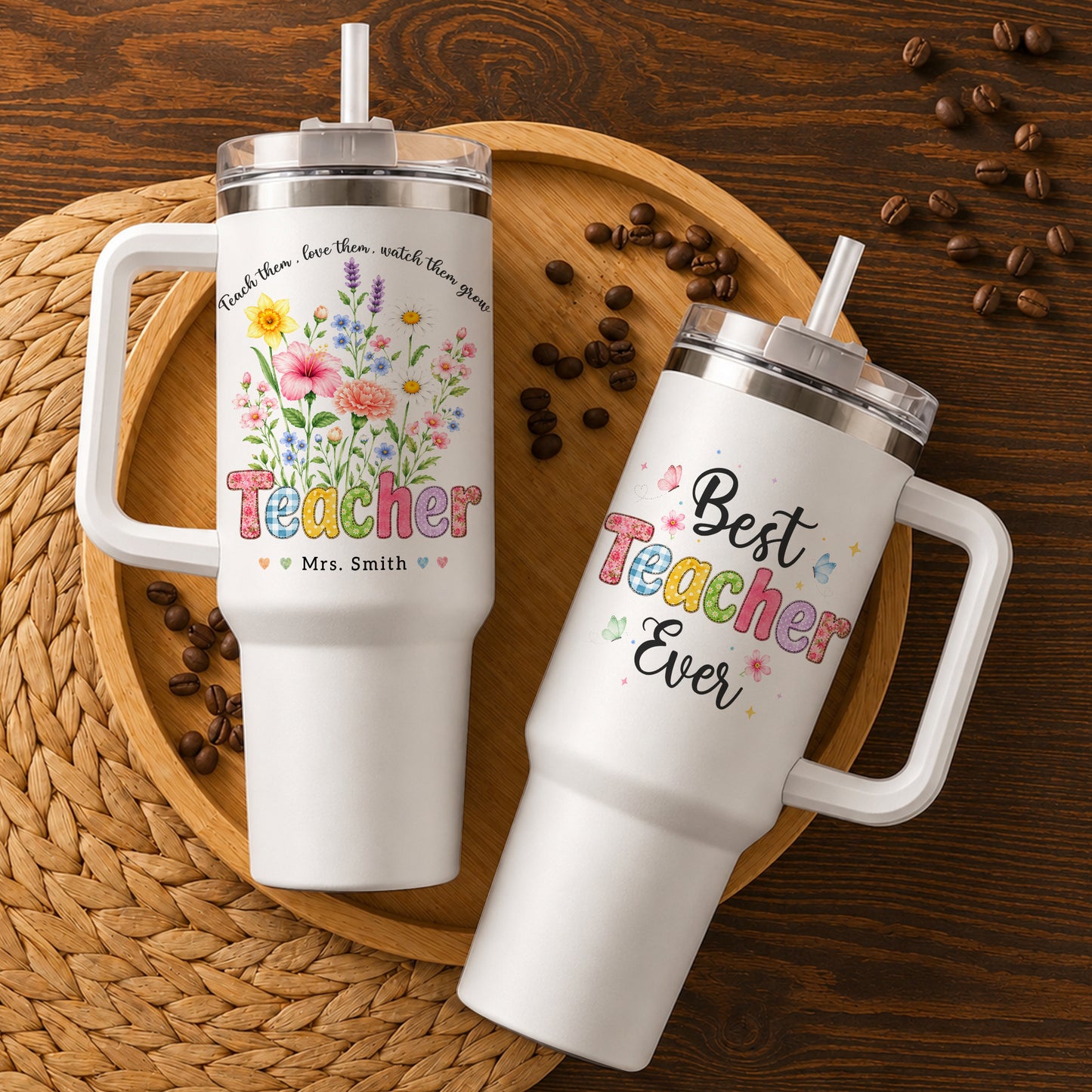 Personalized 40oz Teacher Tumbler with Handle & Straw – Custom Best Teacher Ever Gift for Back to School & Teacher Appreciation
