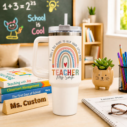 Personalized Teacher Tumbler with Handle - Custom Teacher Name Gift - Rainbow School Travel Cup with Straw - Appreciation Gift for Teachers