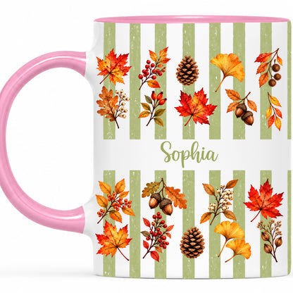 Personalized Fall Mug with Name - Autumn Leaves and Acorns Coffee Cup - Fall Gift for Friends