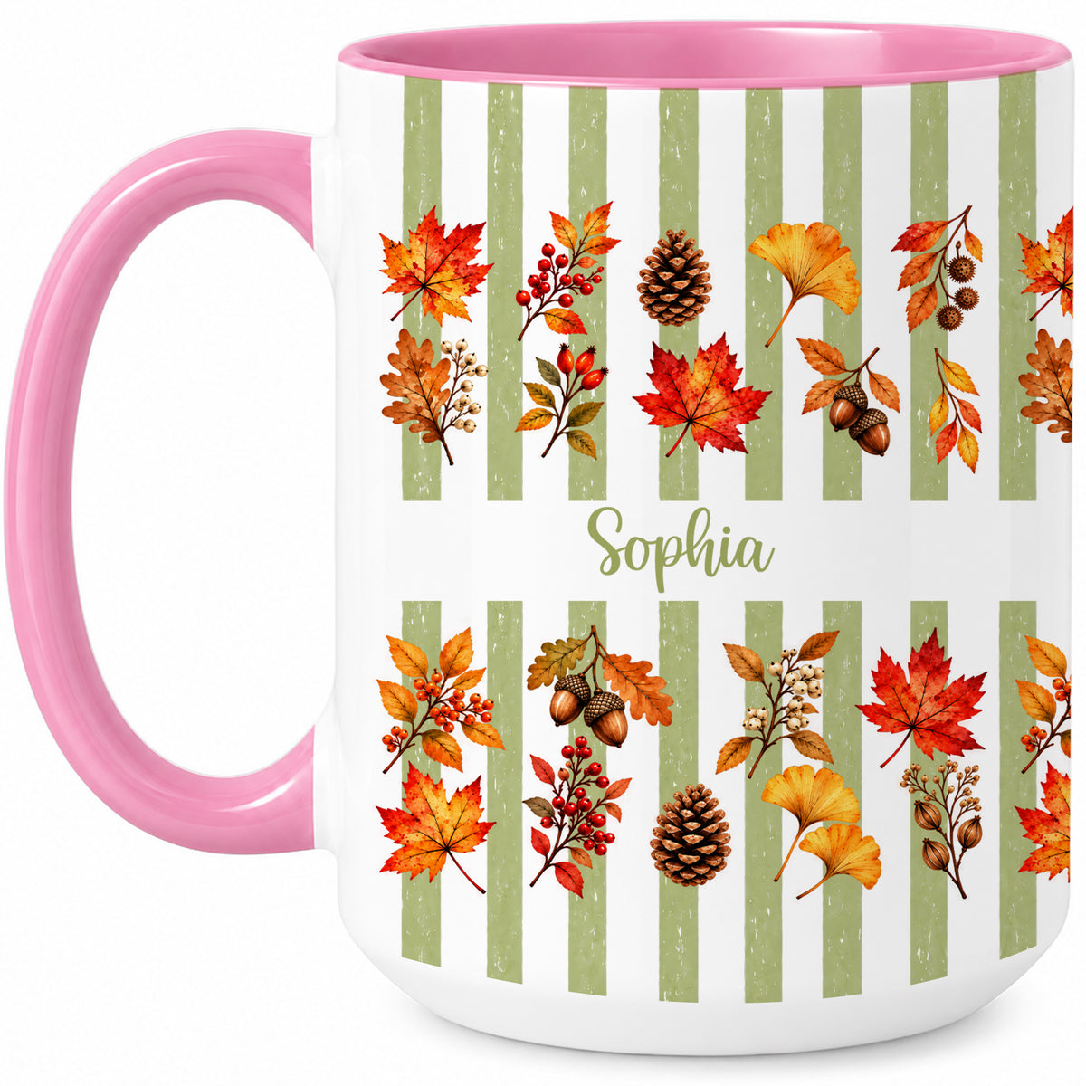 Personalized Fall Mug with Name - Autumn Leaves and Acorns Coffee Cup - Fall Gift for Friends