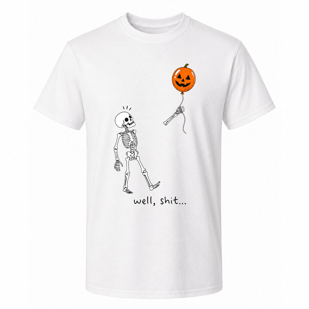 Skeleton Holding Red Balloon Graphic T-Shirt, Funny Halloween Inspired Skeleton Shirt, Spooky Season Casual Tee