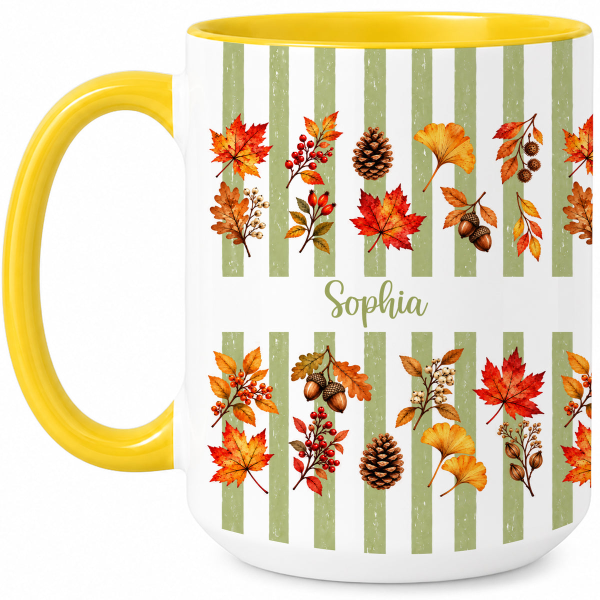 Personalized Fall Mug with Name - Autumn Leaves and Acorns Coffee Cup - Fall Gift for Friends